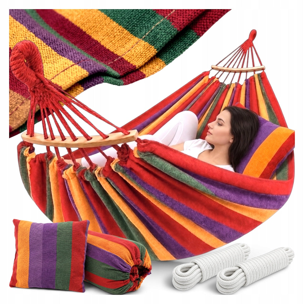 HAMMOCK 2 PERSON GARDEN XL SWING STRONG REINFORCED HEADBAND LARGE + PILLOW