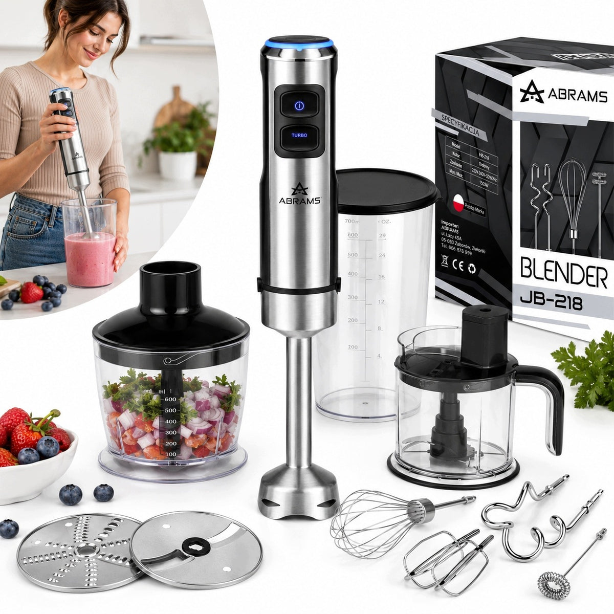 HAND BLENDER MULTIFUNCTION POWERFUL 1500W SLICER TITANIUM BLADES 12IN1