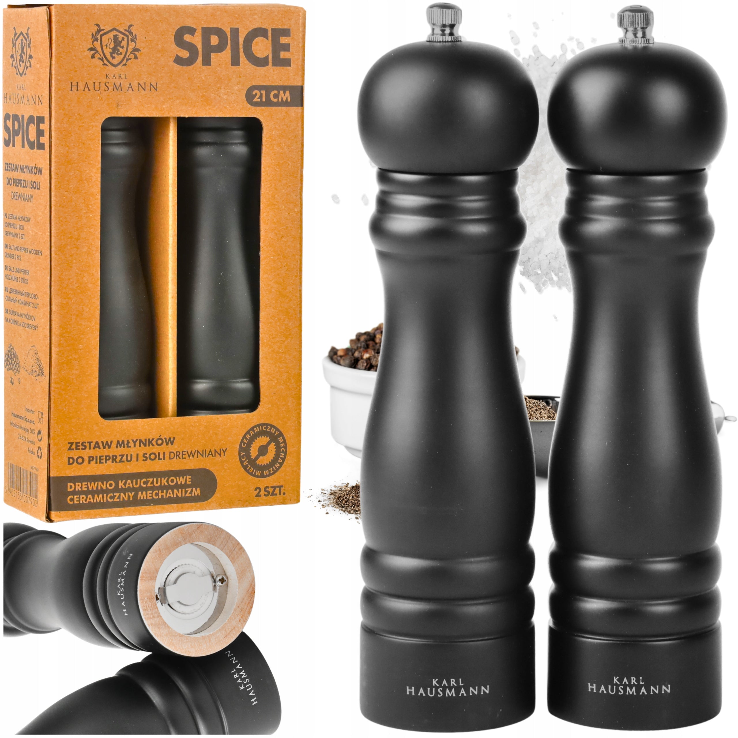 HAND GRINDER FOR SALT AND PEPPER SET OF 2 WOODEN GRINDERS KARL HAUSMANN