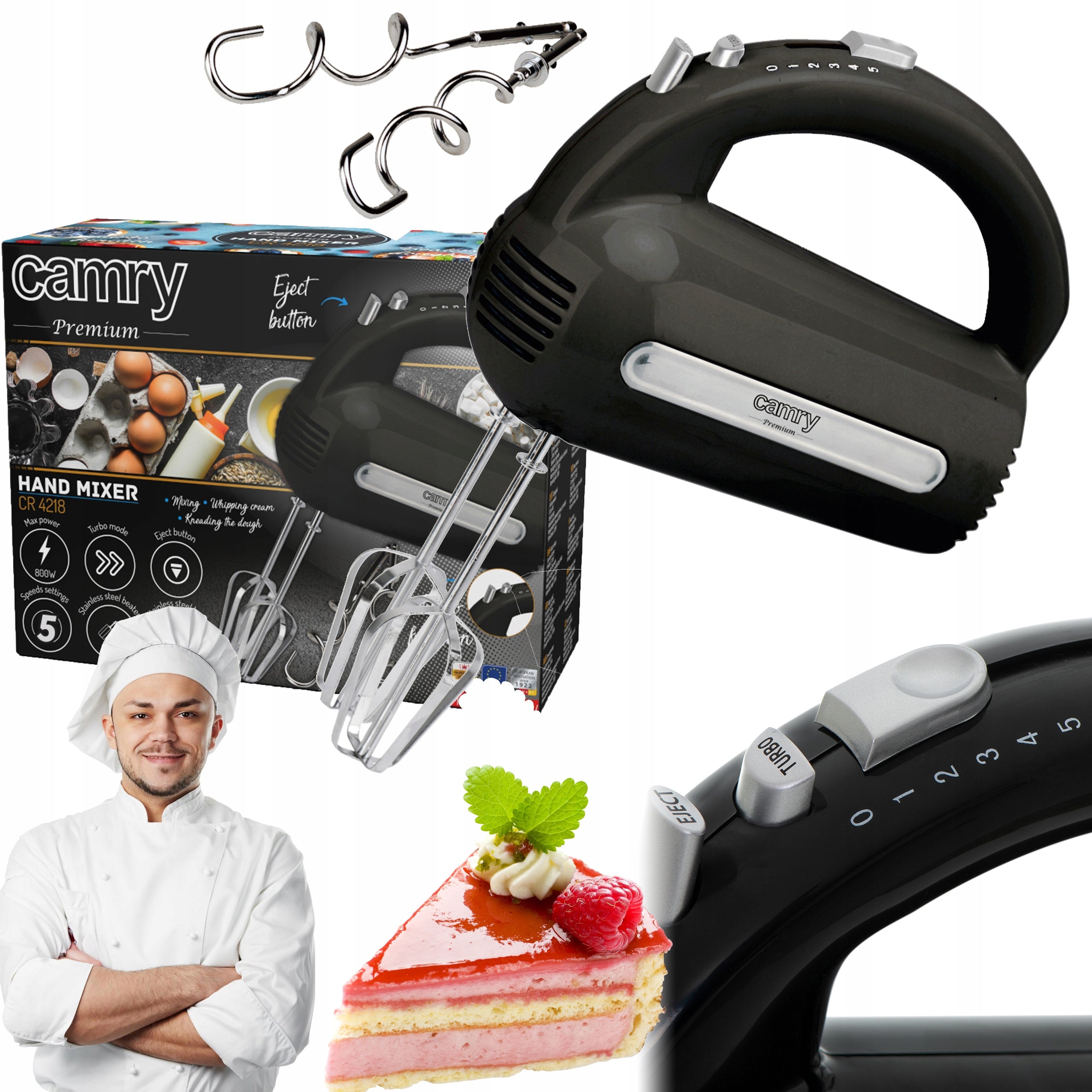 HAND MIXER FOOD PROCESSOR 800W 5 GEARS TURBO 4 TIPS POWERFUL CAMRY