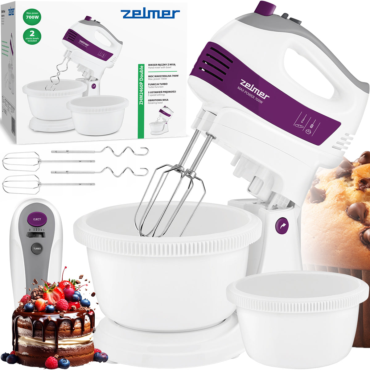 HAND MIXER ZELMER LIGHT FOOD PROCESSOR 2 BOWLS 2,5L 4 TURBO TIPS 700W