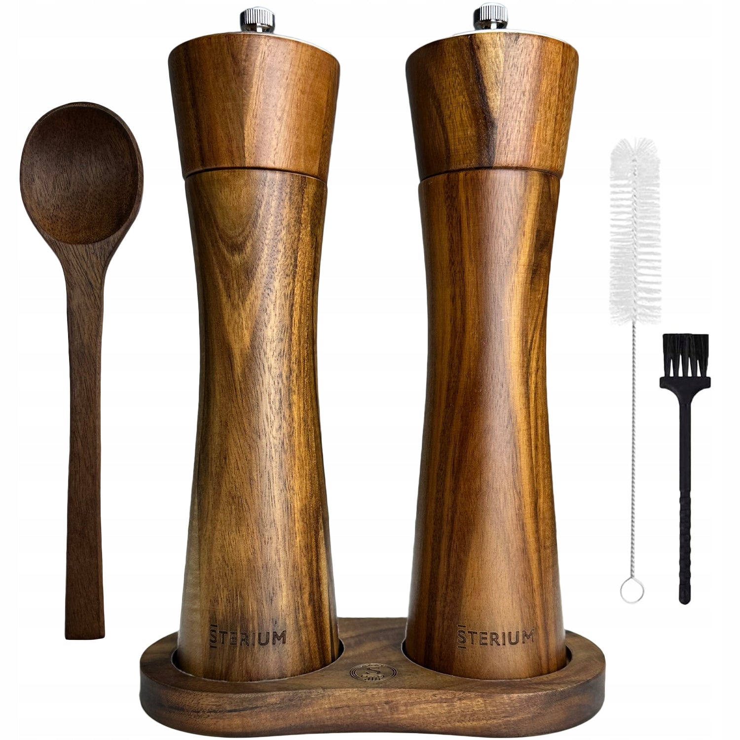 HANDHELD ACACIA WOODEN SALT AND PEPPER GRINDER 2 SET SPOON BRUSH
