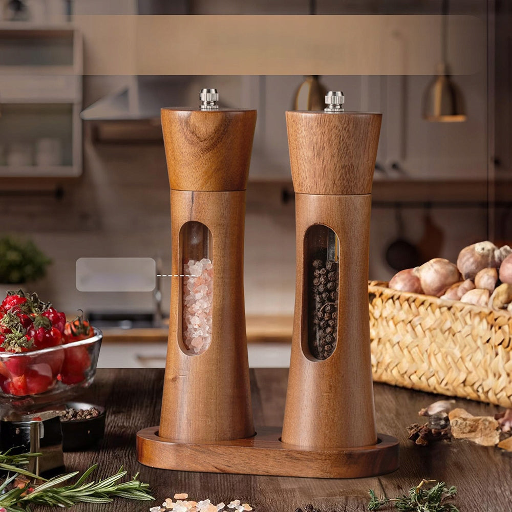 HANDHELD PEPPER AND SALT GRINDER WOODEN ADJUSTABLE WITH BASE - SET OF 2 Manufacturer code AANU76