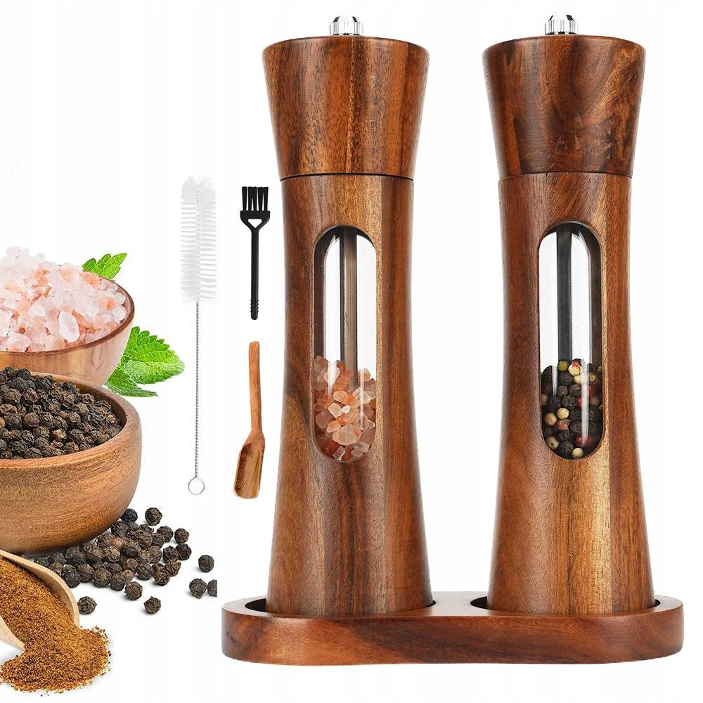 HANDHELD PEPPER AND SALT GRINDER WOODEN ADJUSTABLE WITH BASE - SET OF 2