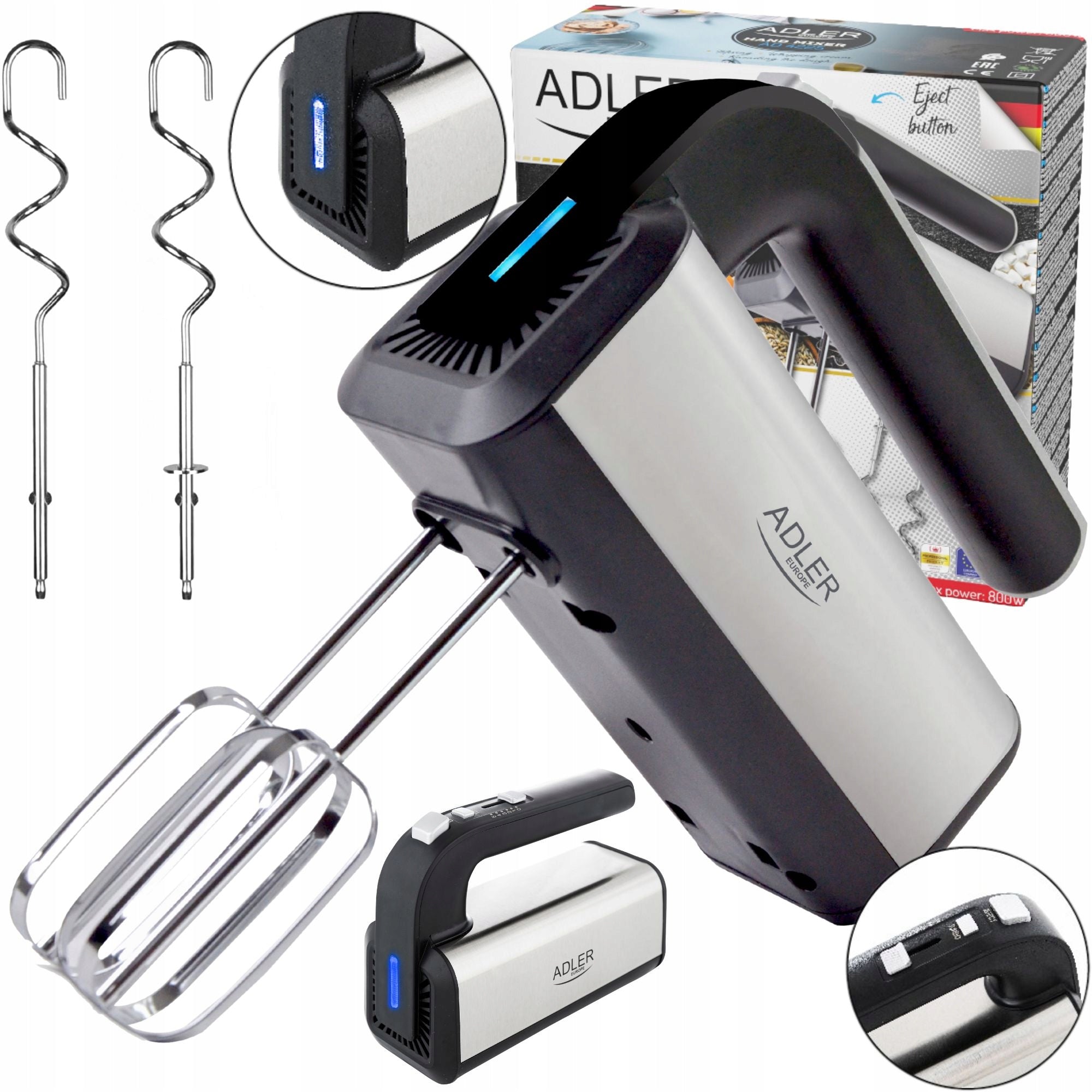 HANDHELD ROBOT KITCHEN MIXER 800W INOX LED TURBO 5 SPEED ADLER