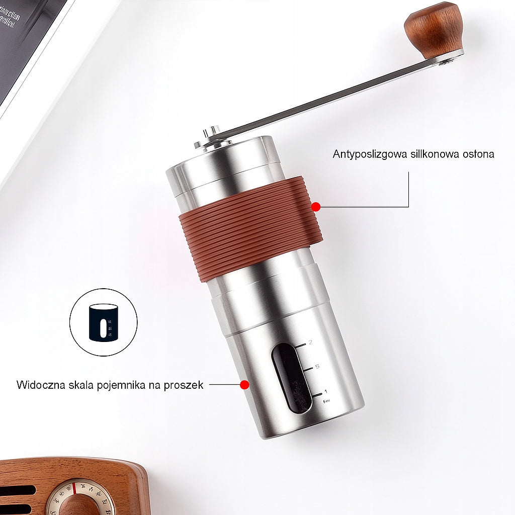 HANDHELD STEEL COFFEE GRINDER WITH ADJUSTABLE THICKNESS AND CERAMIC HEATER Packaging status original
