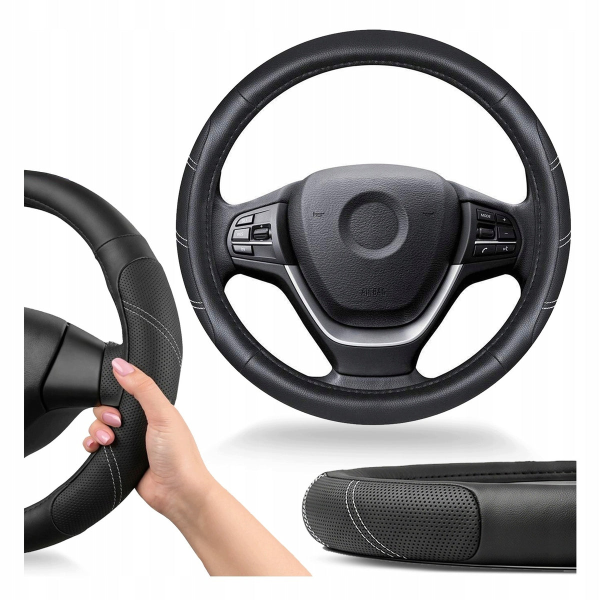 HANDLEBAR COVER OVERLAY ECO LEATHER 37-39CM LEATHER HEM BLACK
