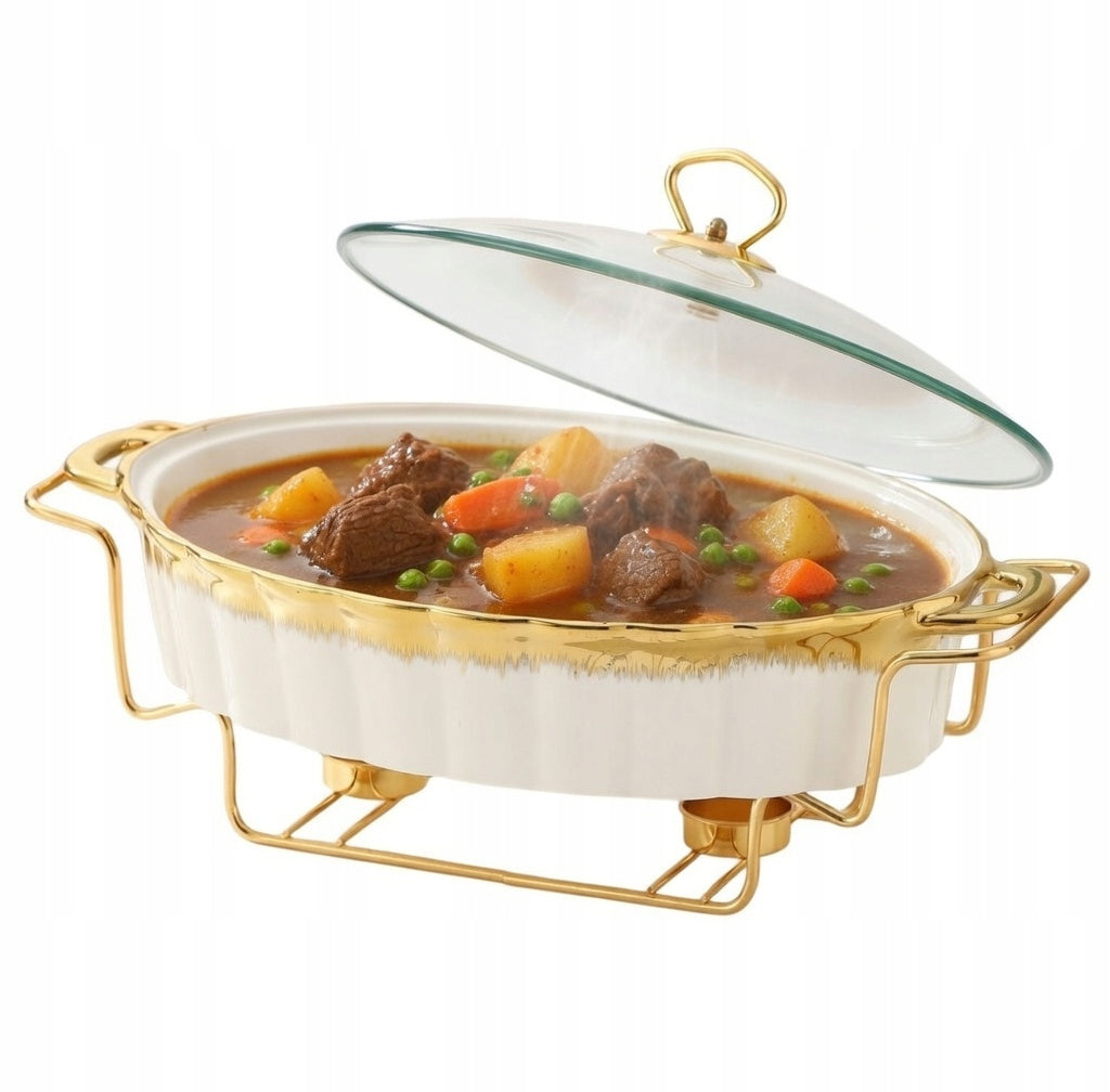 HEAT-RESISTANT DISH ON STAND WITH HEATER AND LID GOLD Y605