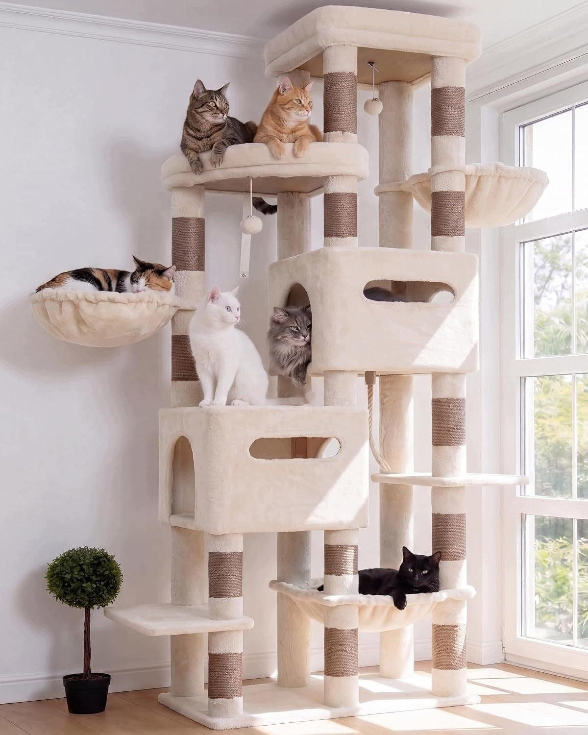 HEYBLY CAT SCRATCHER XXL TOWER 2xHOUSE HAMMOCK BEIGE 190cm BA244