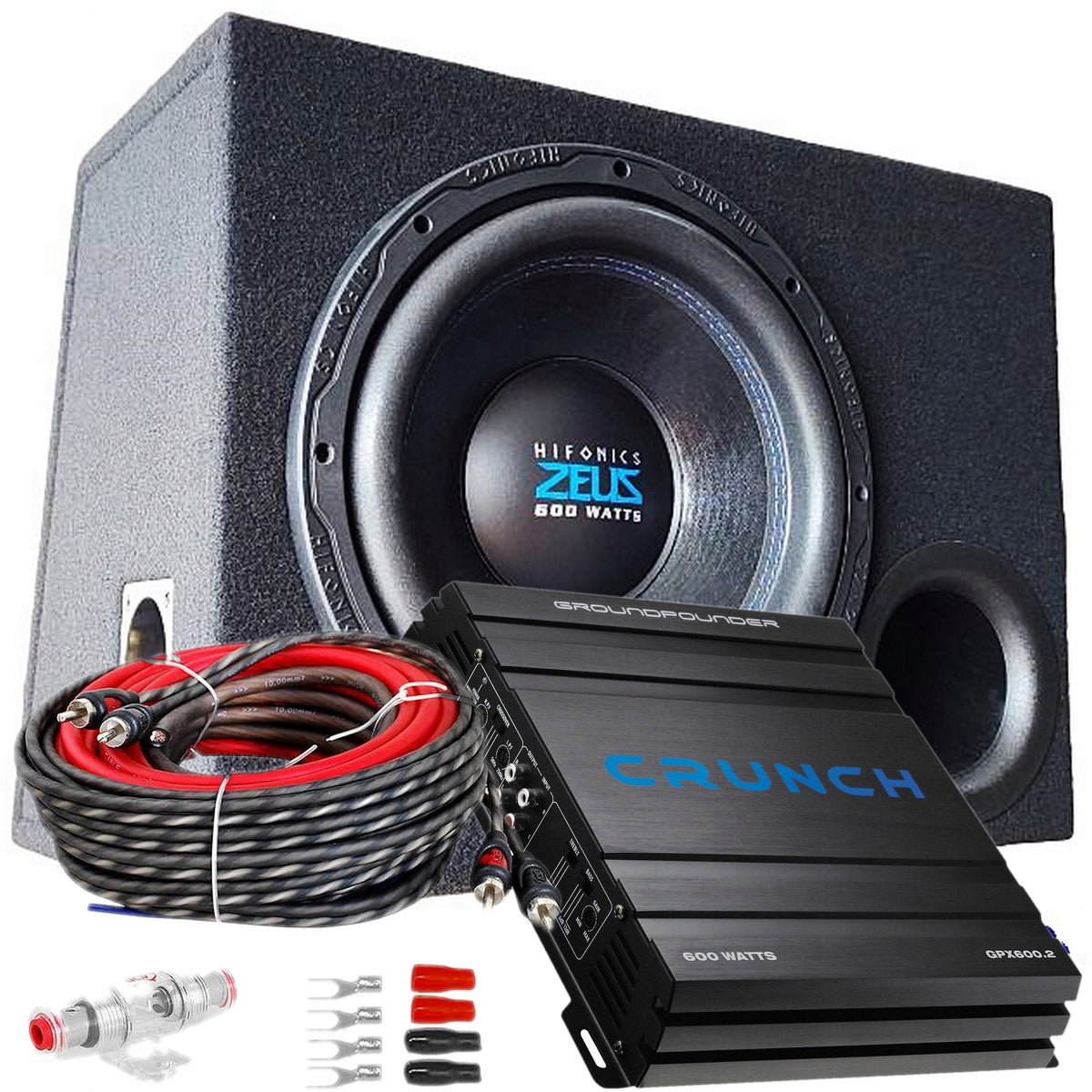 HIFONICS BASS BOX 30cm MDF + Crunch + Cables Packaging status original