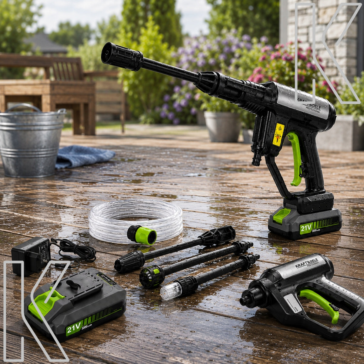 HIGH PRESSURE CORDLESS WASHER 60BAR 21V 3Ah POWERFUL GARDEN KIT Pump type brass