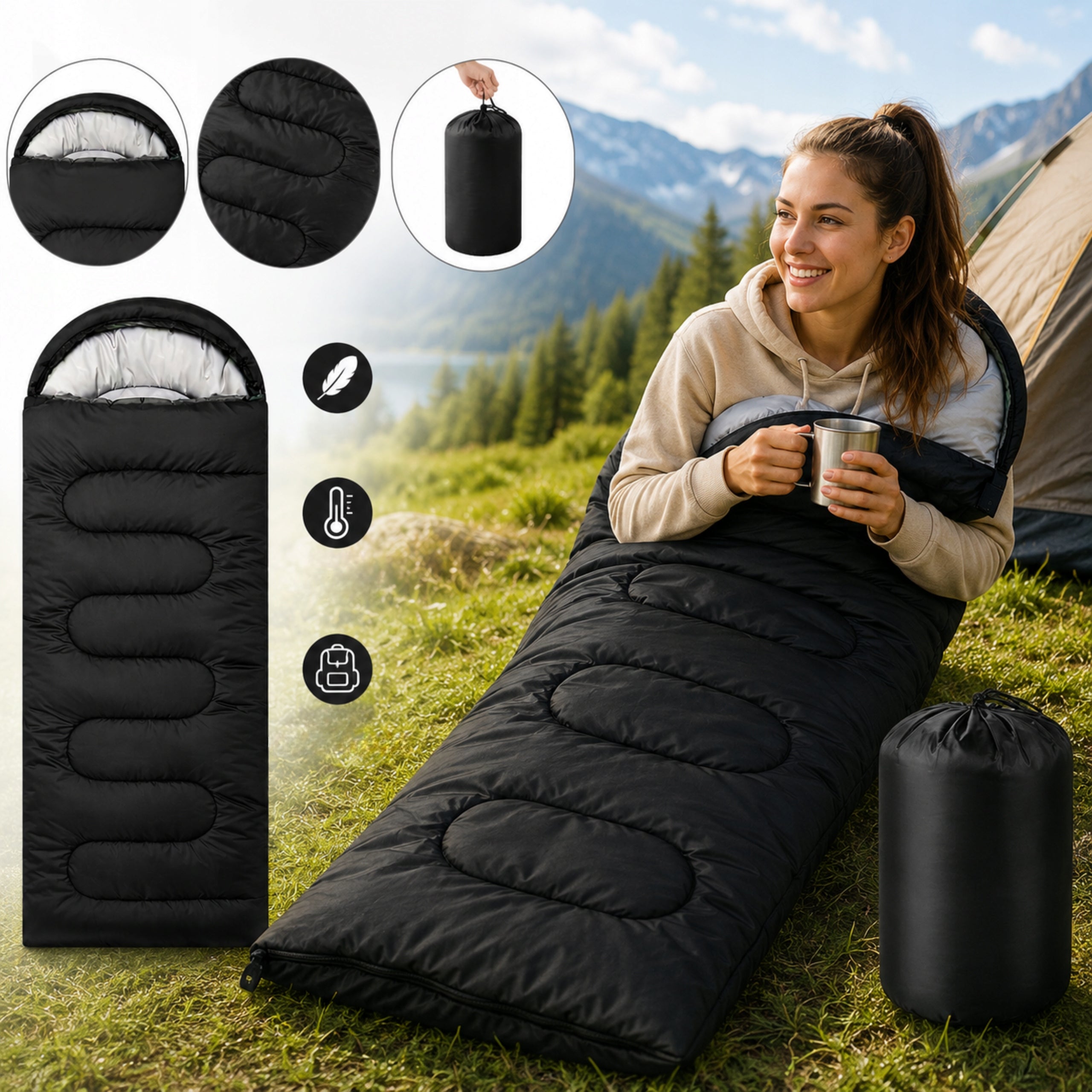 HIKING SLEEPING BAG MUMMY 2IN1 210x75 CM BLACK WITH HOOD AND COVER Packaging status original