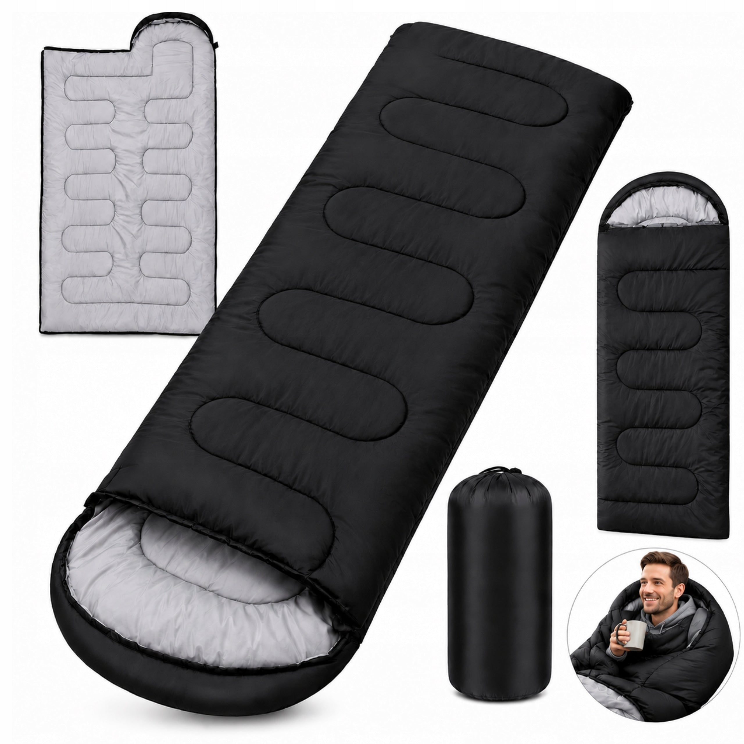 HIKING SLEEPING BAG MUMMY 2IN1 210x75 CM BLACK WITH HOOD AND COVER