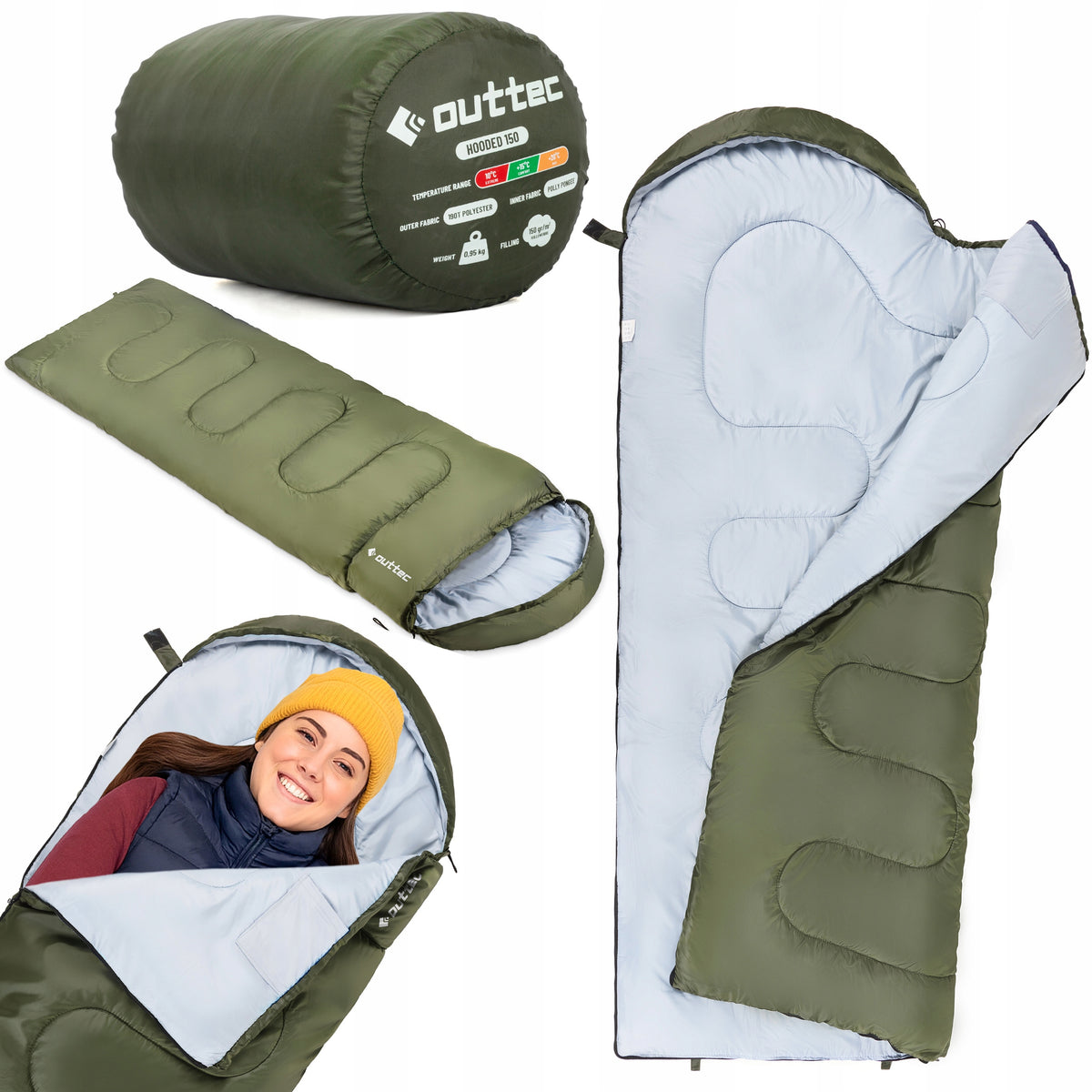 HIKING SLEEPING BAG ULTRA LIGHT SUMMER DUVET WITH HOOD 150 OUTTEC