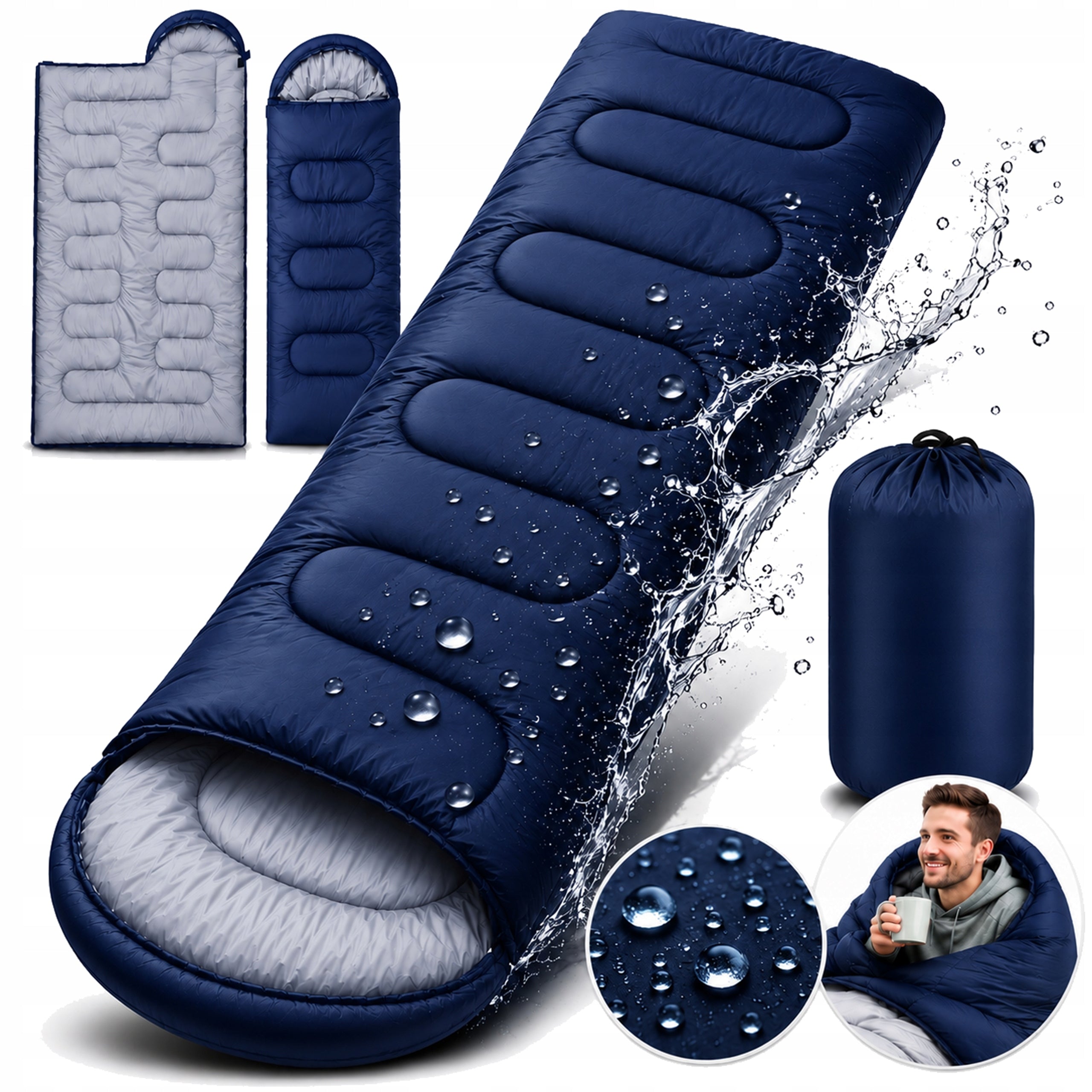 HIKING SLEEPING BAG WARM MUMMY DUVET 2IN1 LARGE WITH HOOD NAVY BLUE