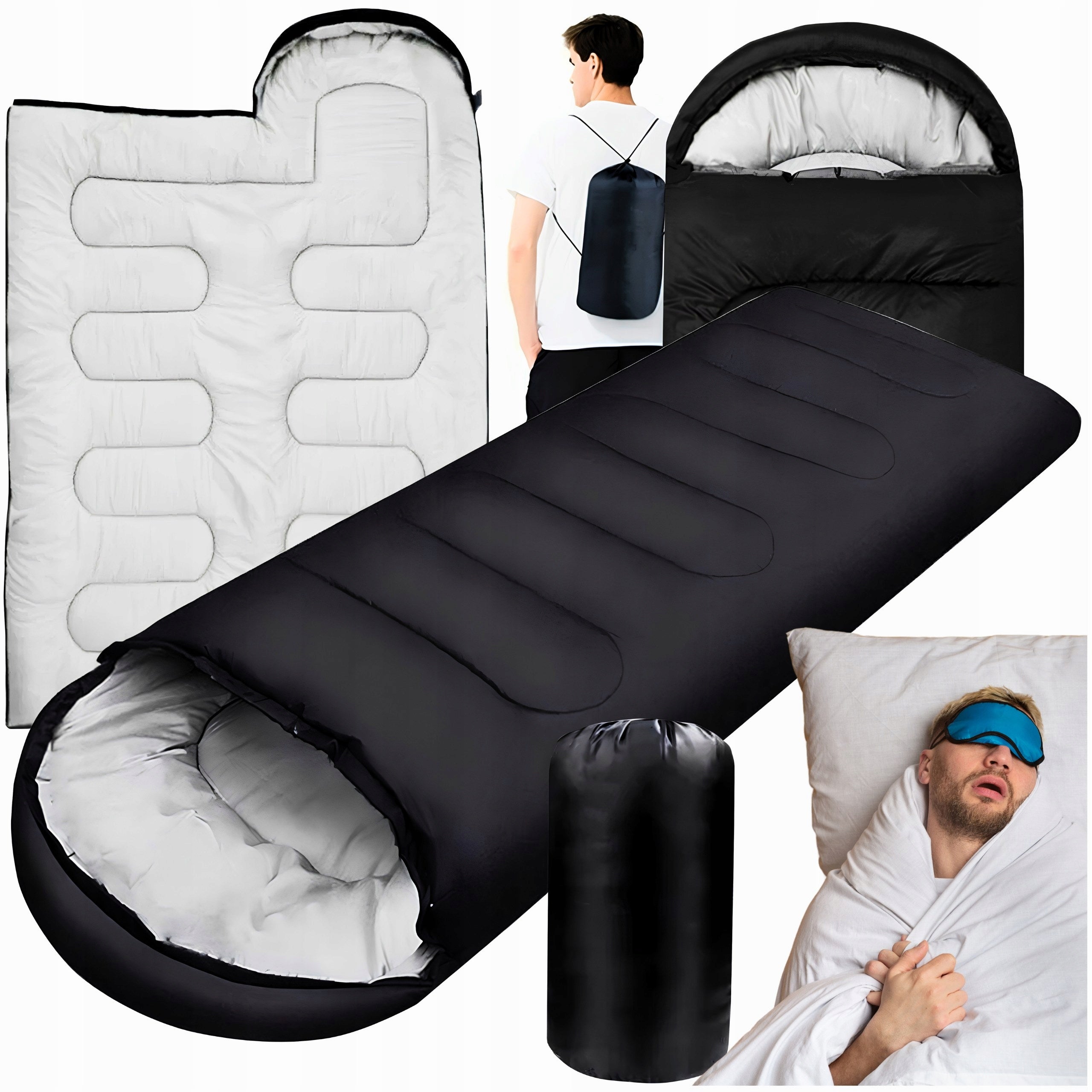 HIKING SLEEPING BAG WITH HOOD TENT DUVET BLACK 2IN1 210CM MONTESSA