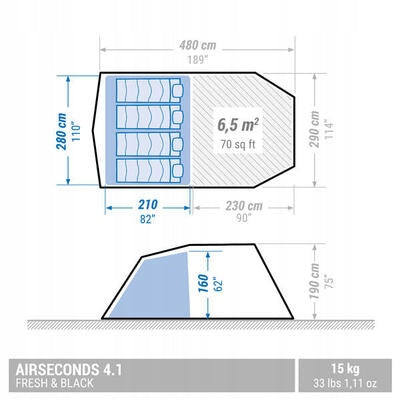 HIT OF THE SEASON!!! Camping tent inflatable Quechua Air Seconds 4.1 F&B 4 pers Manufacturer code 8648382