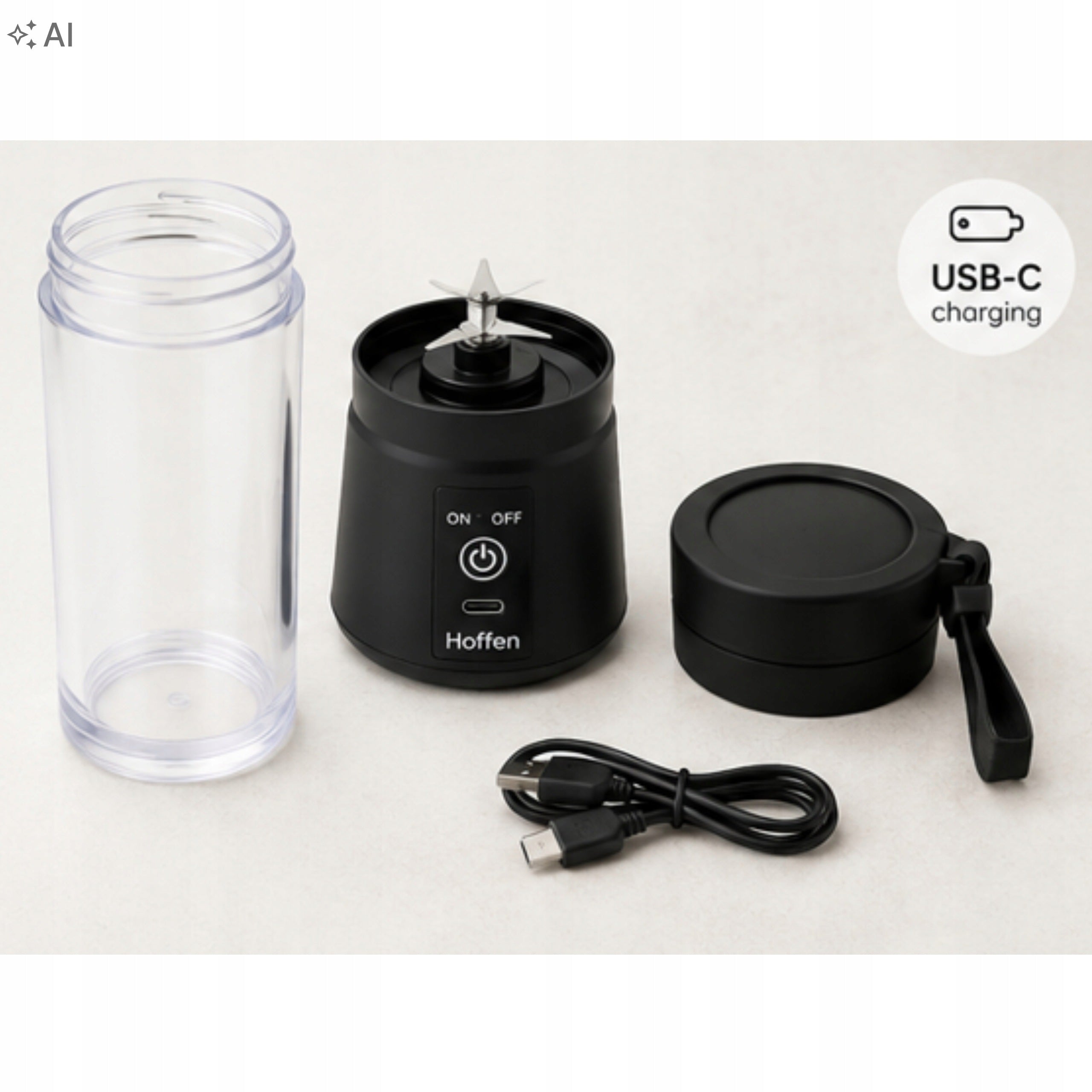 HOFFEN BLENDER PORTABLE TRAVEL CORDLESS BLACK 65W 300 ml Packaging status original