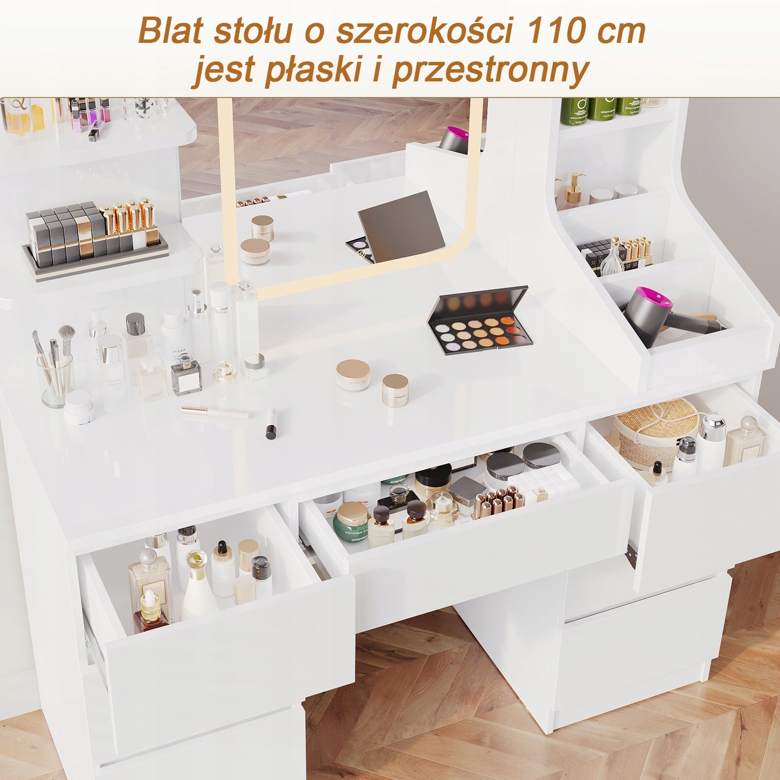 HOMALL Toaletka kosmetyczna biała z lustrem LED i 7 szufladami 139x110x40cm Brand HOMALL
