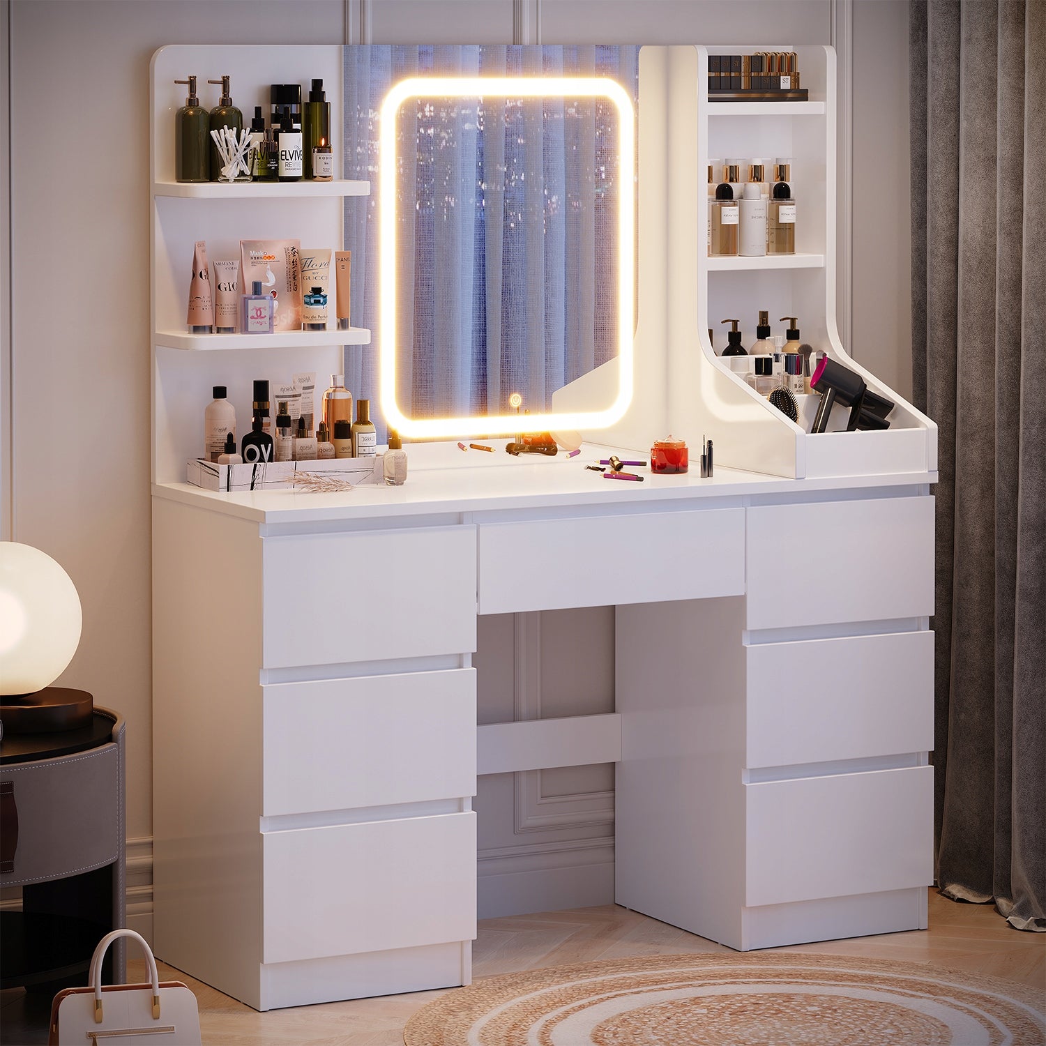 HOMALL Toaletka kosmetyczna biała z lustrem LED i 7 szufladami 139x110x40cm Furniture height 139 cm