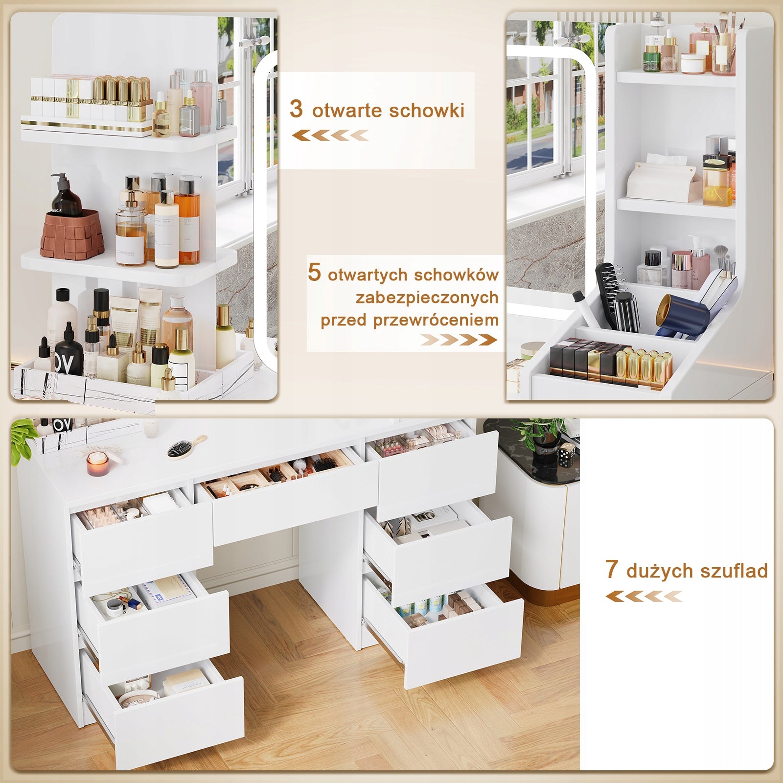 HOMALL Toaletka kosmetyczna biała z lustrem LED i 7 szufladami 139x110x40cm Manufacturer code G-VN24-0513A-WT