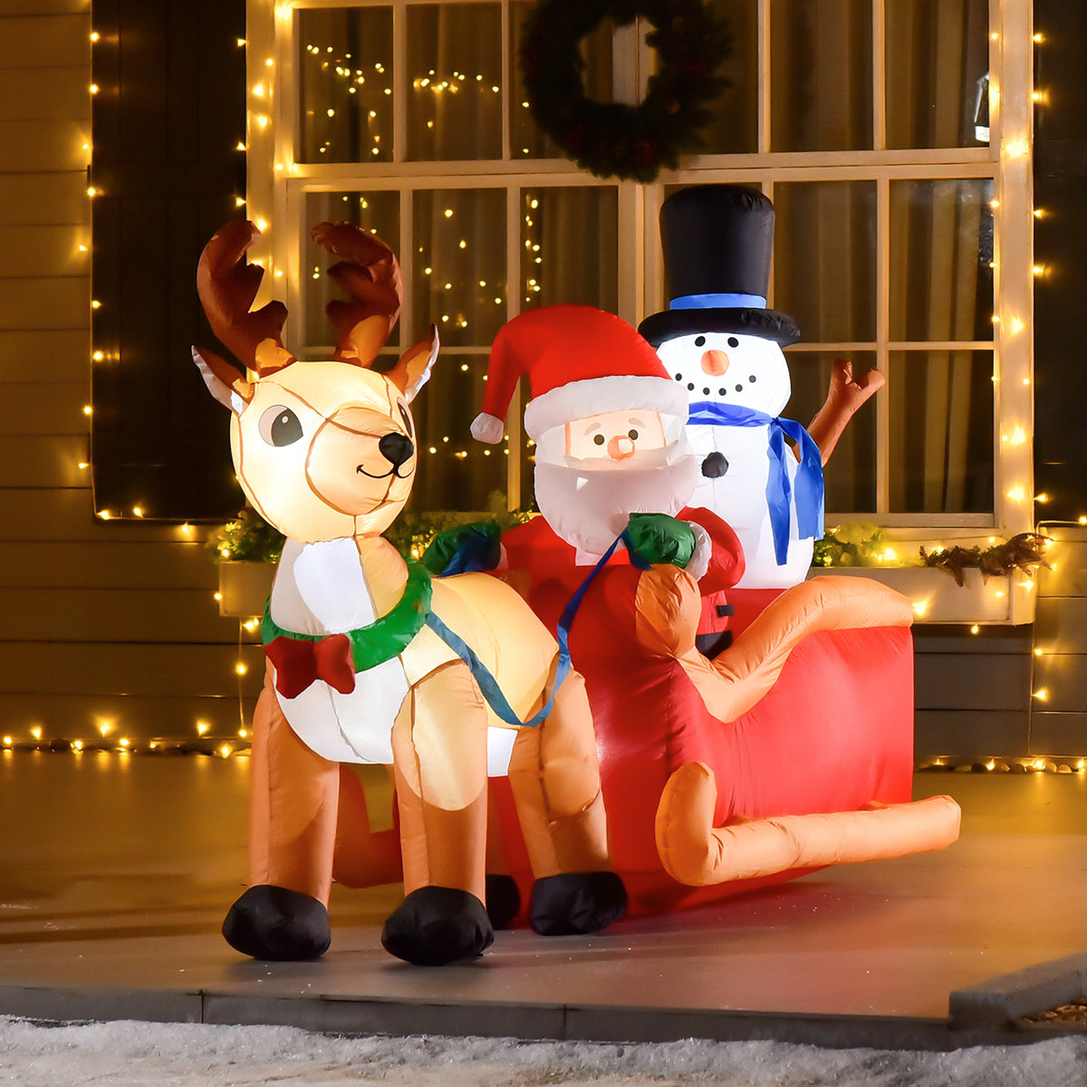 HOMCOM Inflatable Santa Claus on Sleigh with LED and Snowman, Polyester Packaging status original