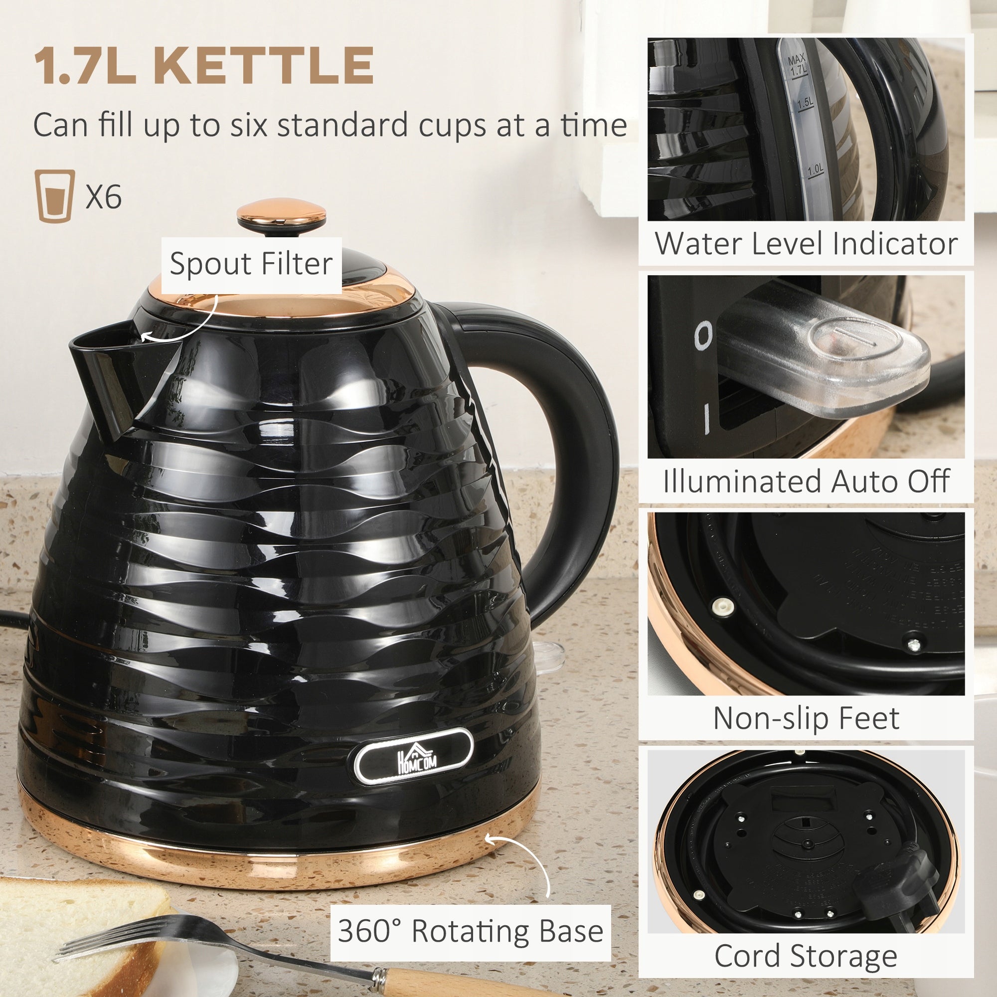 HOMCOM Kettle 1,7L and toaster for 4 slices, black set Dominant color black