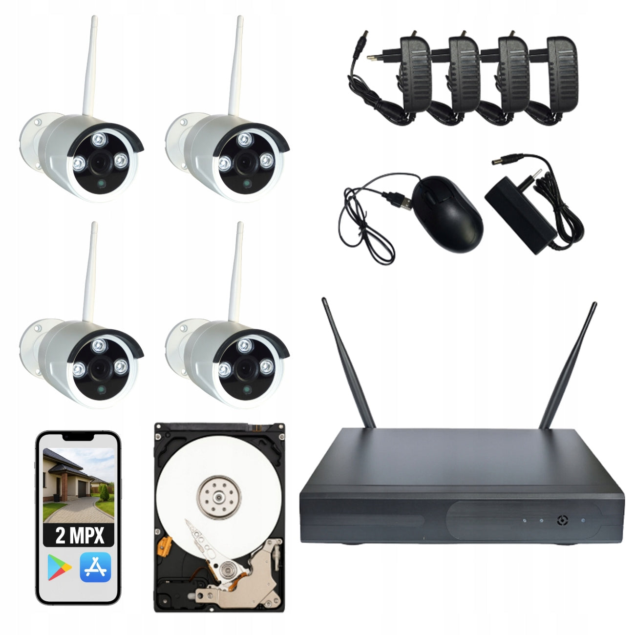 HOME SURVEILLANCE KIT 4 WIFI CAMERAS WIRELESS FULL HD 2 MPX + 1TB