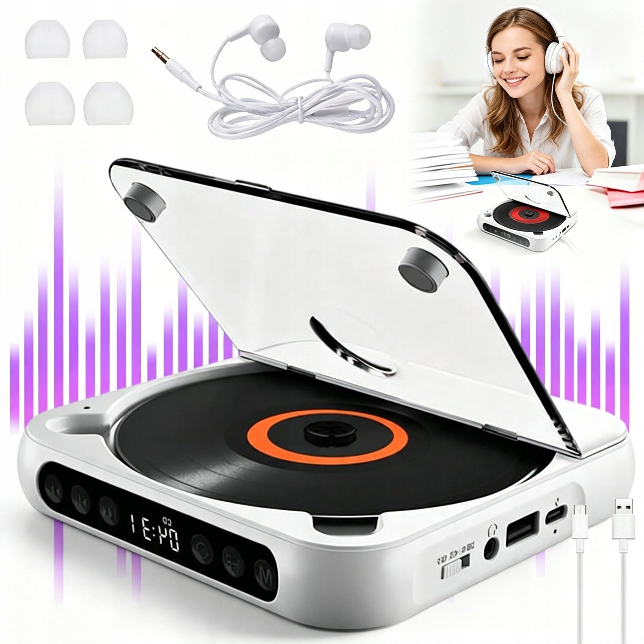 HOMEMADE CD PLAYER WITH LED SCREEN RECHARGEABLE BATTERY AND COMPACT SOUND SPEAKER