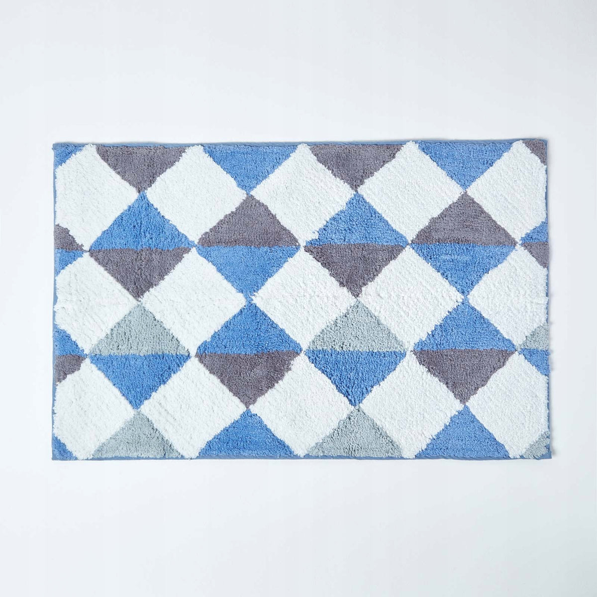 HOMESCAPES Harlequin Blue and White Cotton Bathroom Rug 50x80cm