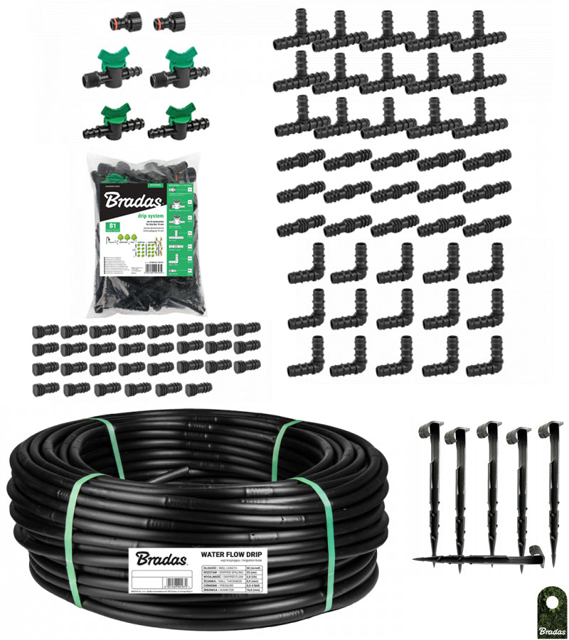 HOSE DRIP LINE DRIP IRRIGATION 100M + 131 ELEMENTS BRADAS