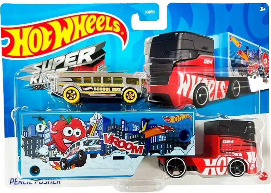 HOT WHEELS SUPER RIGS TRANSPORTER + CAR Set PENCIL PUSHER HXN90 3+ Years