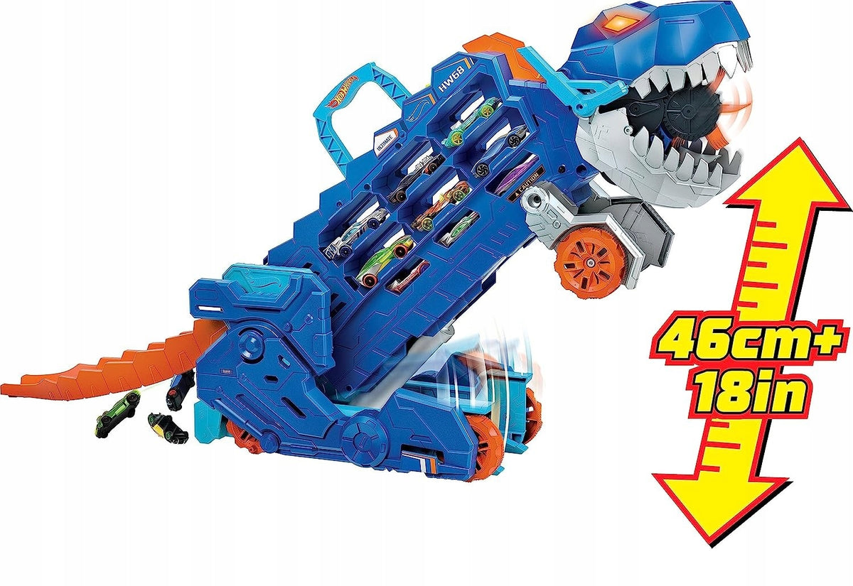 HOT WHEELS T-REX MEGA TRANSPORTER dinosaur 2in1 RACE TRACKS + 2 CARS Brand Hot Wheels