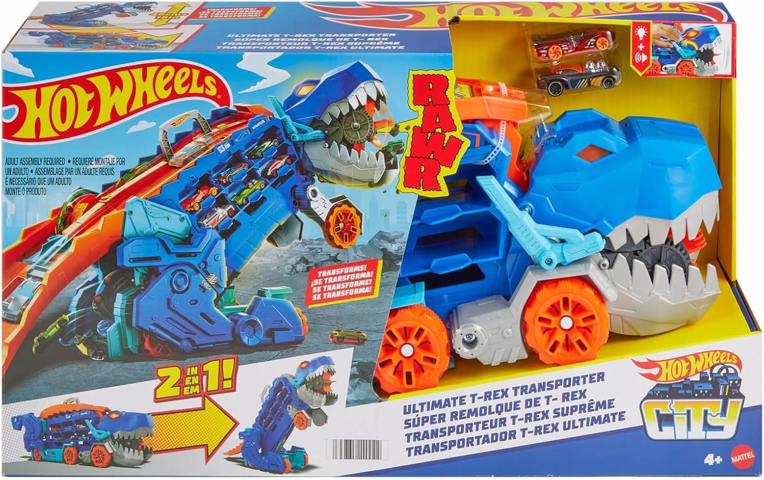 HOT WHEELS T-REX MEGA TRANSPORTER dinosaur 2in1 RACE TRACKS + 2 CARS Packaging status original