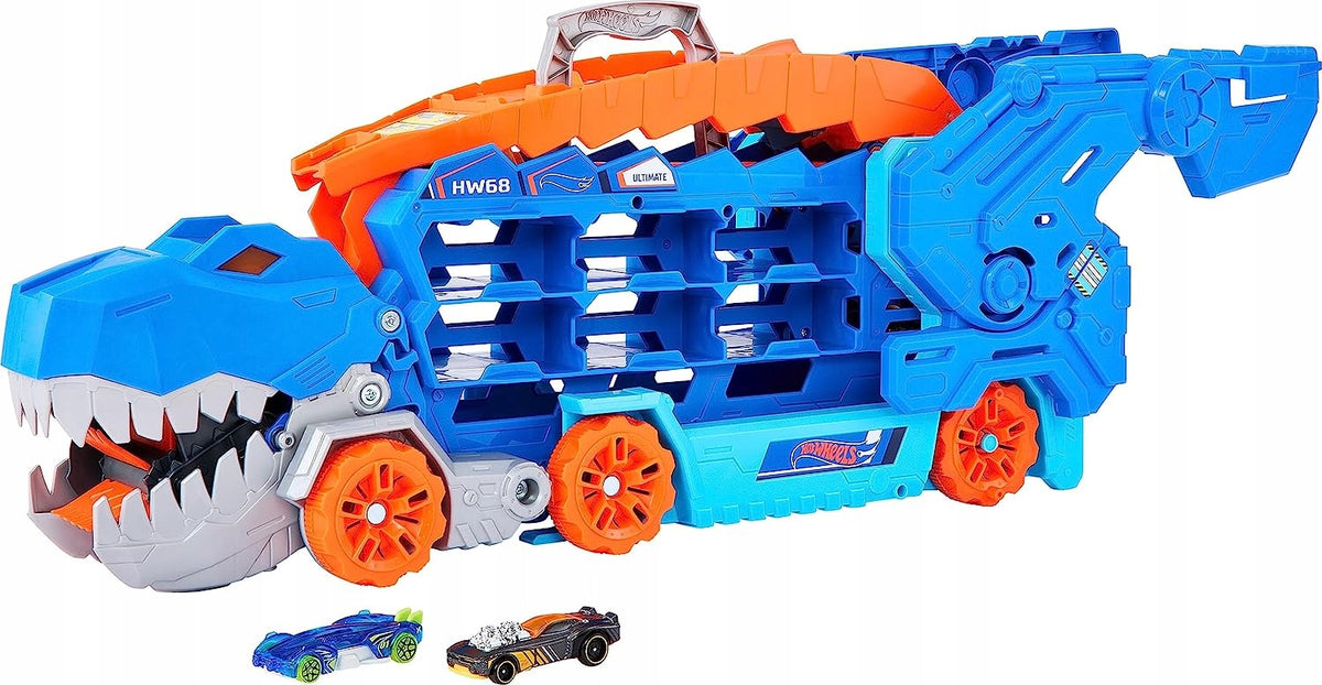 HOT WHEELS T-REX MEGA TRANSPORTER dinosaur 2in1 RACE TRACKS + 2 CARS