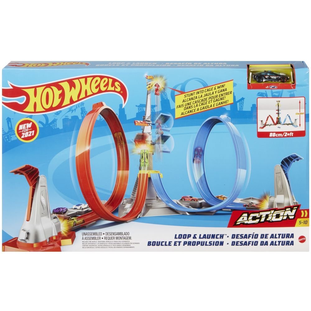 HOT WHEELS TRACK SET DOUBLE LOOP MEGA TOWER 80CM + CAR
