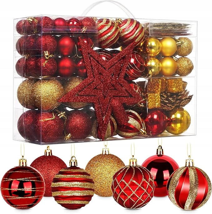 HOUISM Christmas tree baubles – set of 145 red and gold
