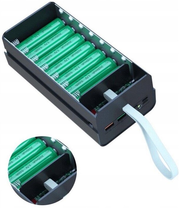 HOUSING POWERBANK 21x 18650 QC3.0 PD3.0 USB-C LCD display flashlight 72000 Battery capacity 72000 mAh