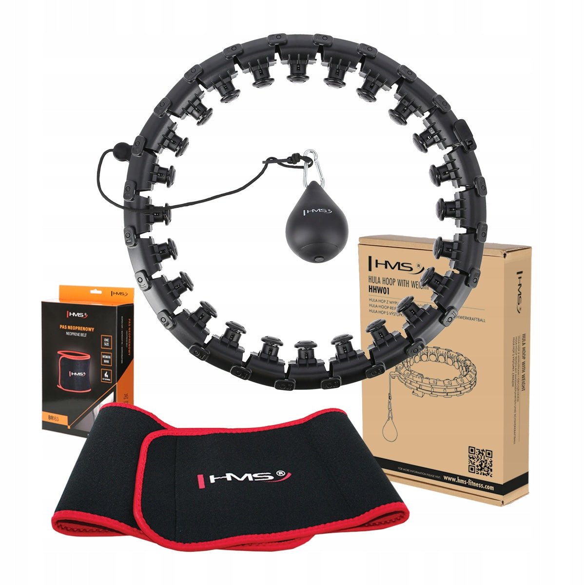 HULA HOOP SET HHW01 BLACK WITH PROJECTIONS AND WEIGHT HMS + BELT BR163 RED