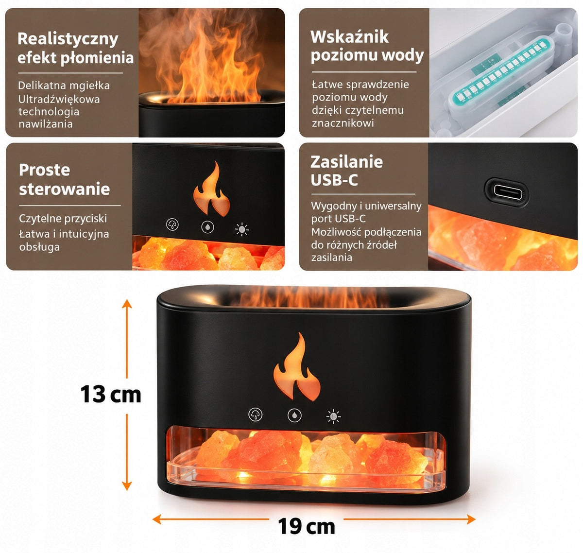 HUMIDIFIER FIREPLACE LAMP LED AROMATHERAPY DIFFUSER COLORS SALT Packaging status original