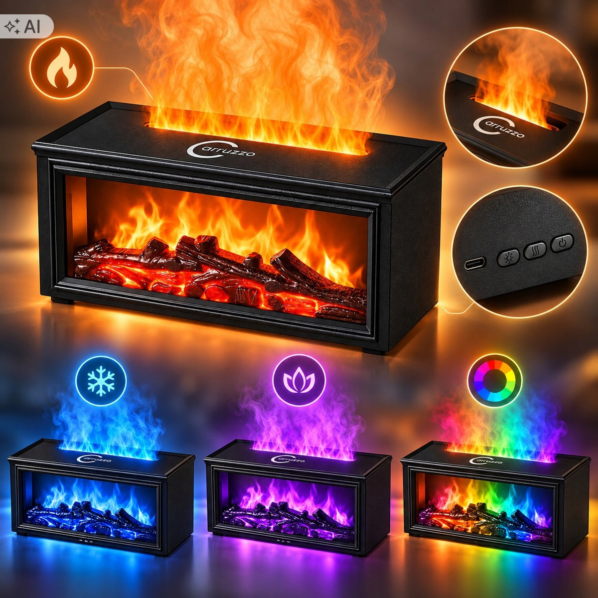 HUMIDIFIER FIREPLACE LED RGB DIFFUSER AROMATHERAPY TIMER REMOTE CONTROL OILS Manufacturer code NAWILŻACZ POWIETRZA KOMINEK LED RGB + OLEJKI