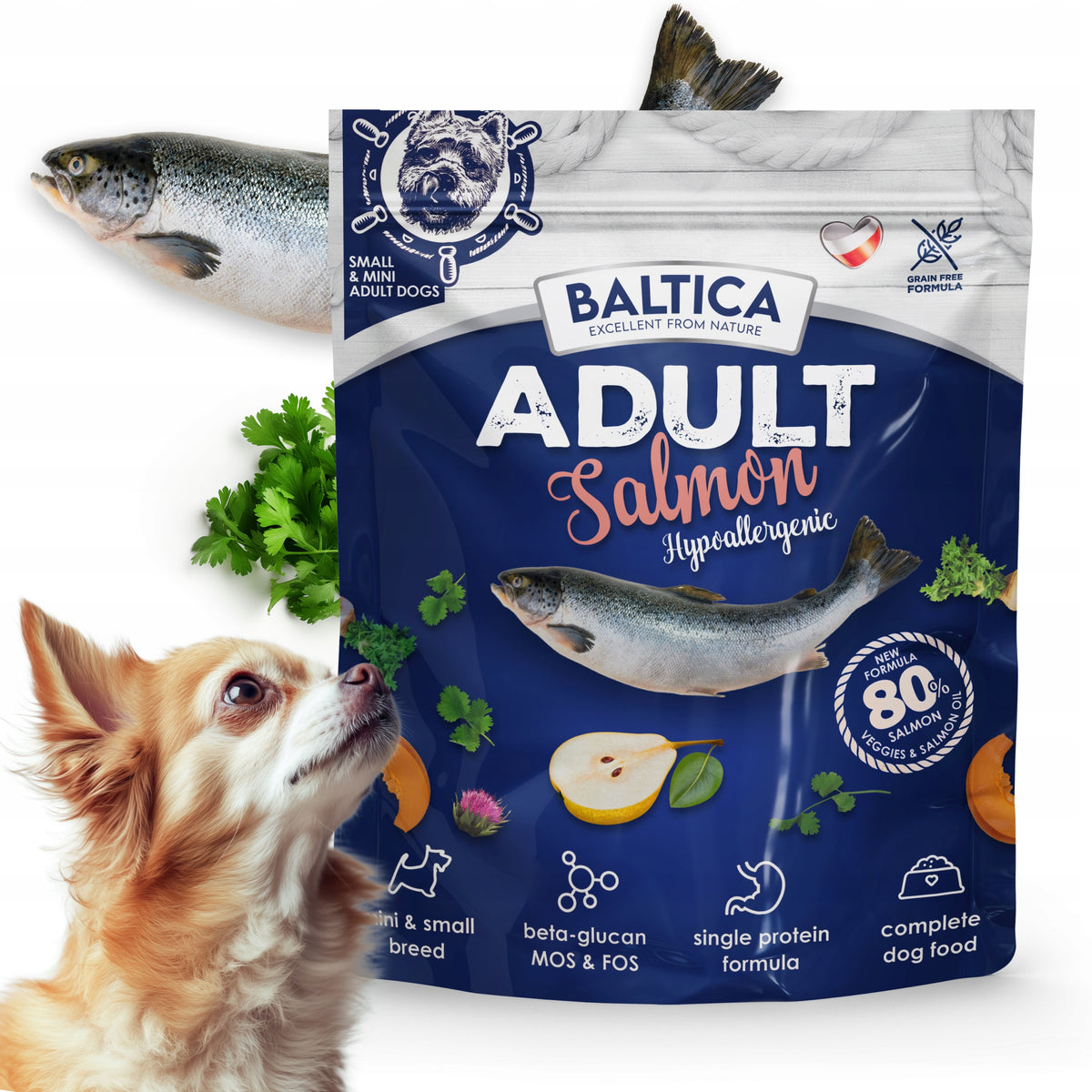 HYPOALLERGENIC DRY FOOD FOR ADULT DOGS SMALL BREED BALTICA SALMON 1KG