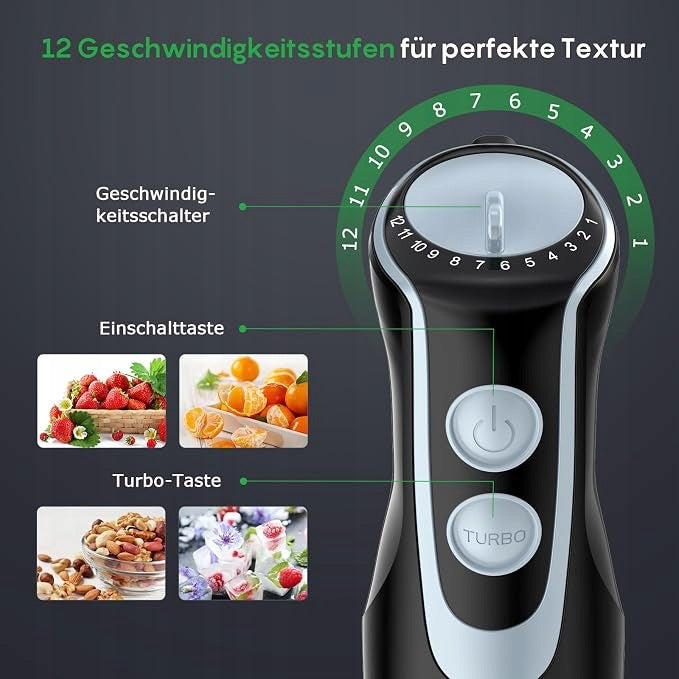 Hand Blender 2in1 1000W Stainless Steel 12 Speed Kitchen Mixer Brand Fresko