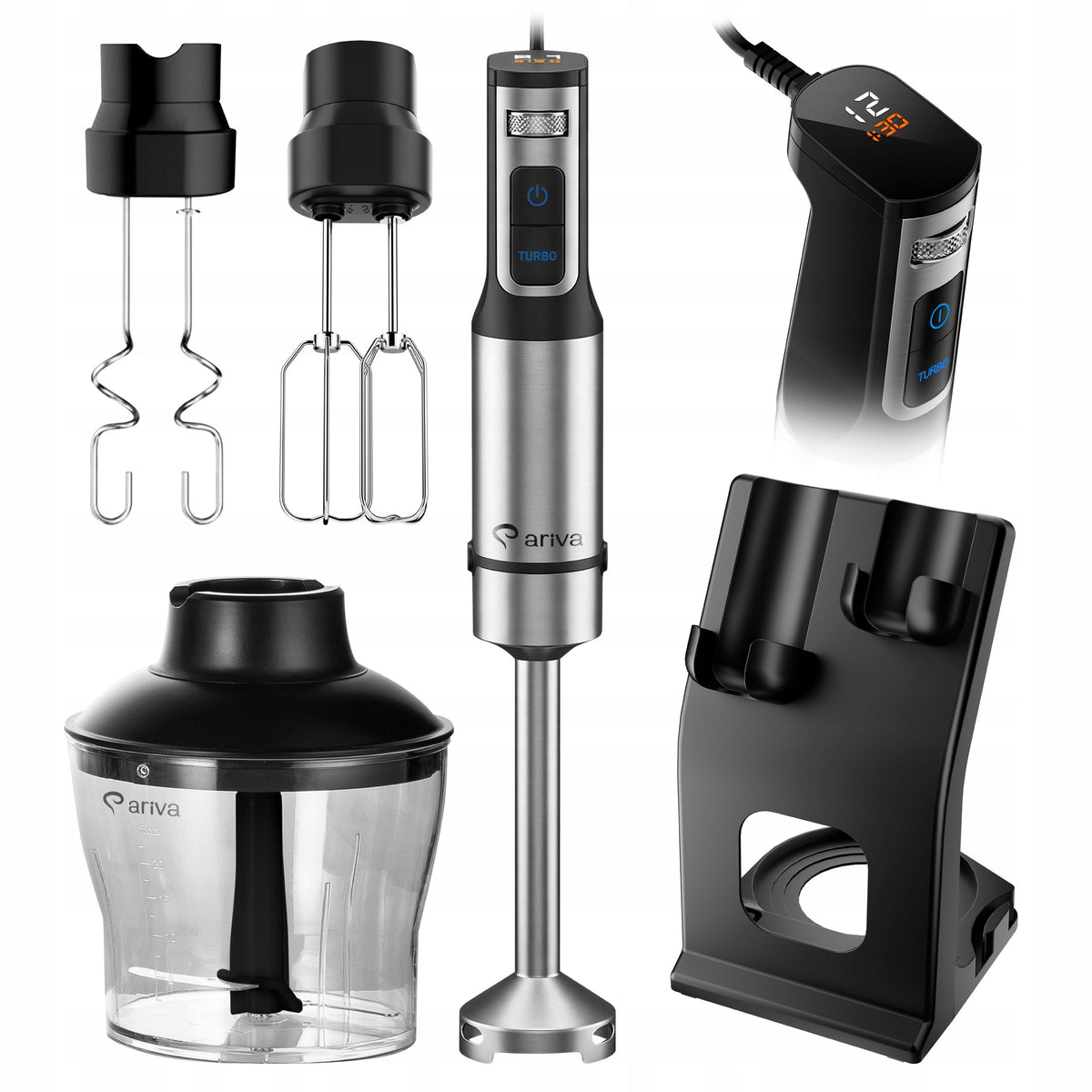 Hand Blender 6in1 ARIVA 1200W Steel Titanium LED Blades 12 Gear TURBO Packaging status original