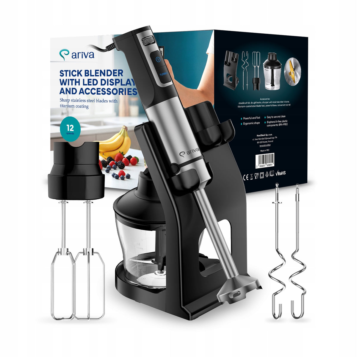 Hand Blender 6in1 ARIVA 1200W Steel Titanium LED Blades 12 Gear TURBO
