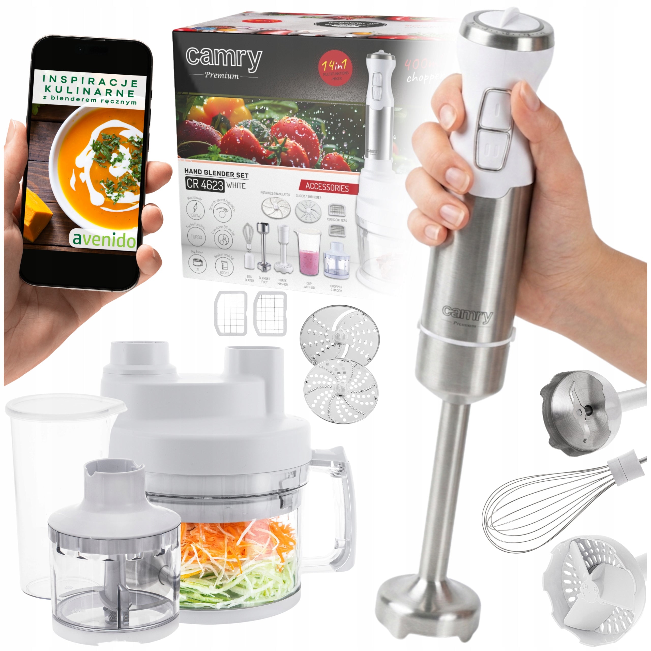 Hand Blender MULTIFUNCTIONAL 1600W Bowl 2L Function Turbo Grater Cutting