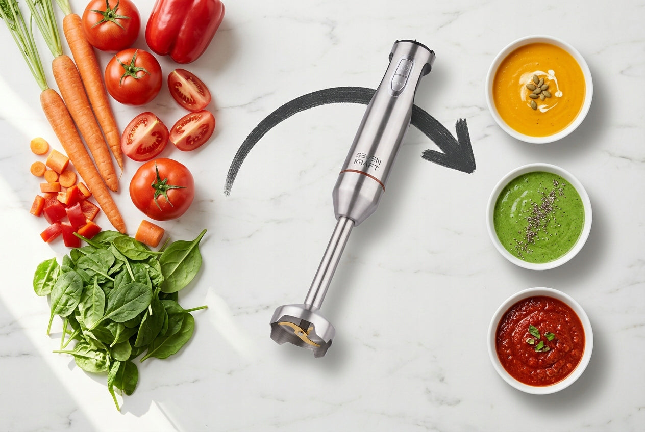 Hand Blender Multifunctional Mixer Shredder Powerful 7in1 Titanium Blades Functions cutting ice crushing grinding stirring mixing crushing shredding grating whipping milling dough kneading