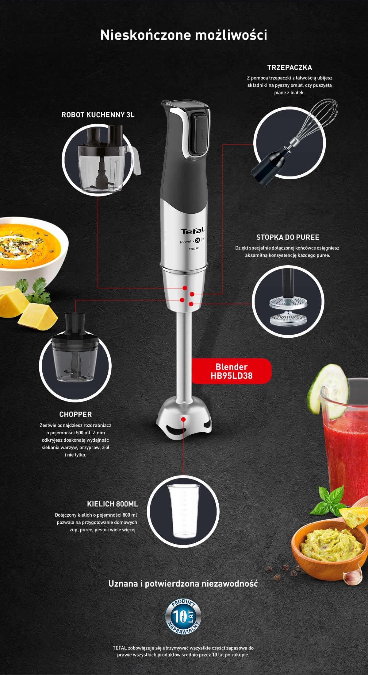 Hand Blender TEFAL Infiny Force Pro HB95LD 1200W 5in1 shredder Functions ice crushing grinding stirring crushing shredding whipping