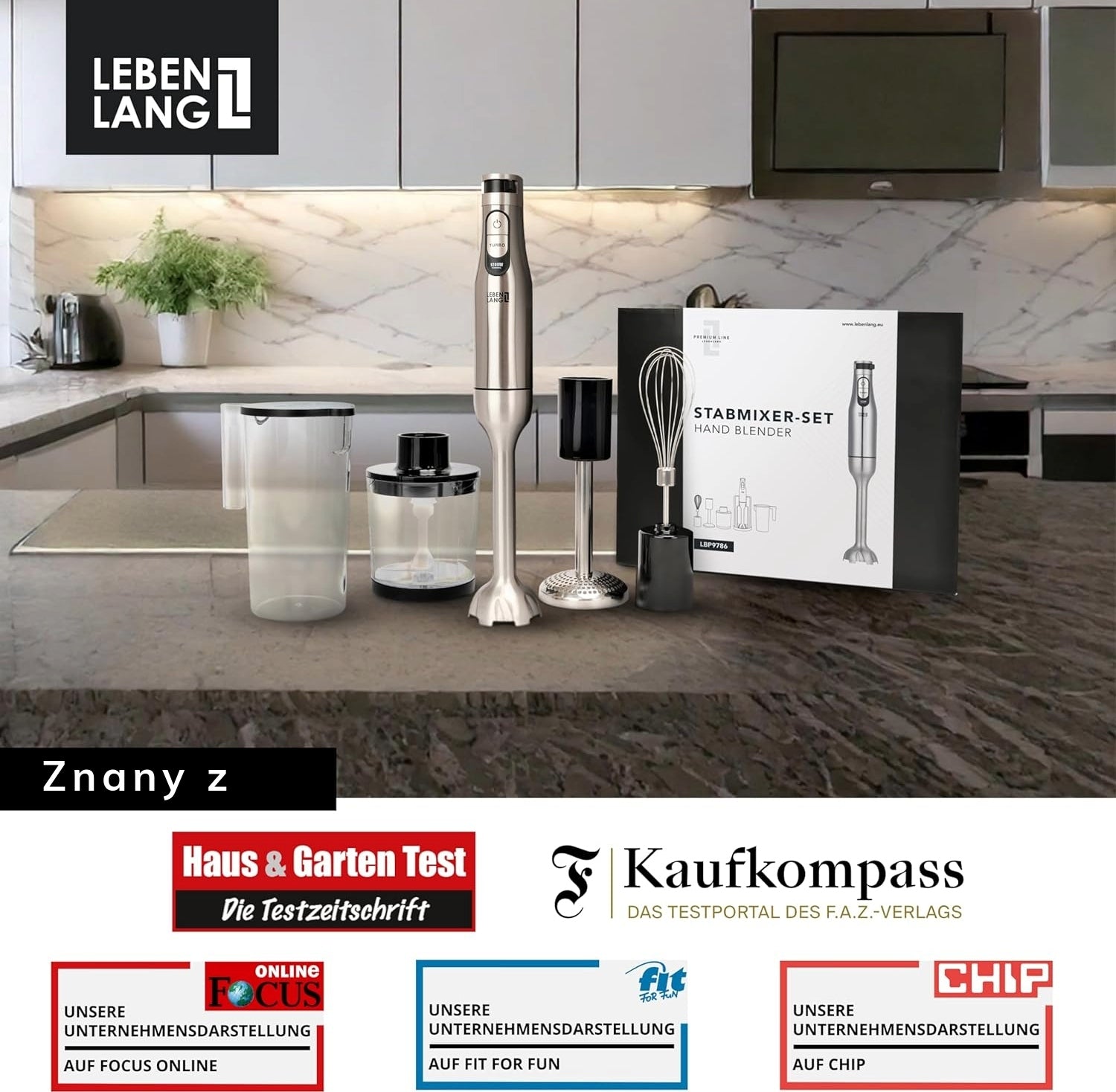Hand blender LEBENLANG 1200W 5in1 turbo XL Titan multifunctional 1000 ml Dominant color silver