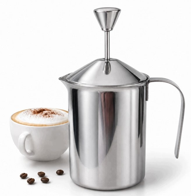 Hand milk frother SOLID steel 400ml piston for latte cappuccino